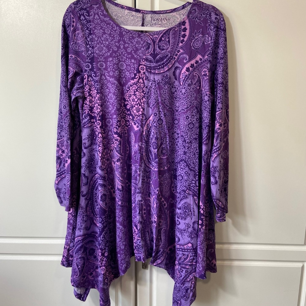 Roamans Purple Paisley Sharkbite Hem Tunic Top 100% Cotton Plus Size 14/16 M